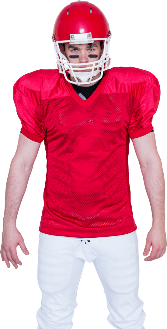 Serious American Football Player in Red Uniform Transparent Background