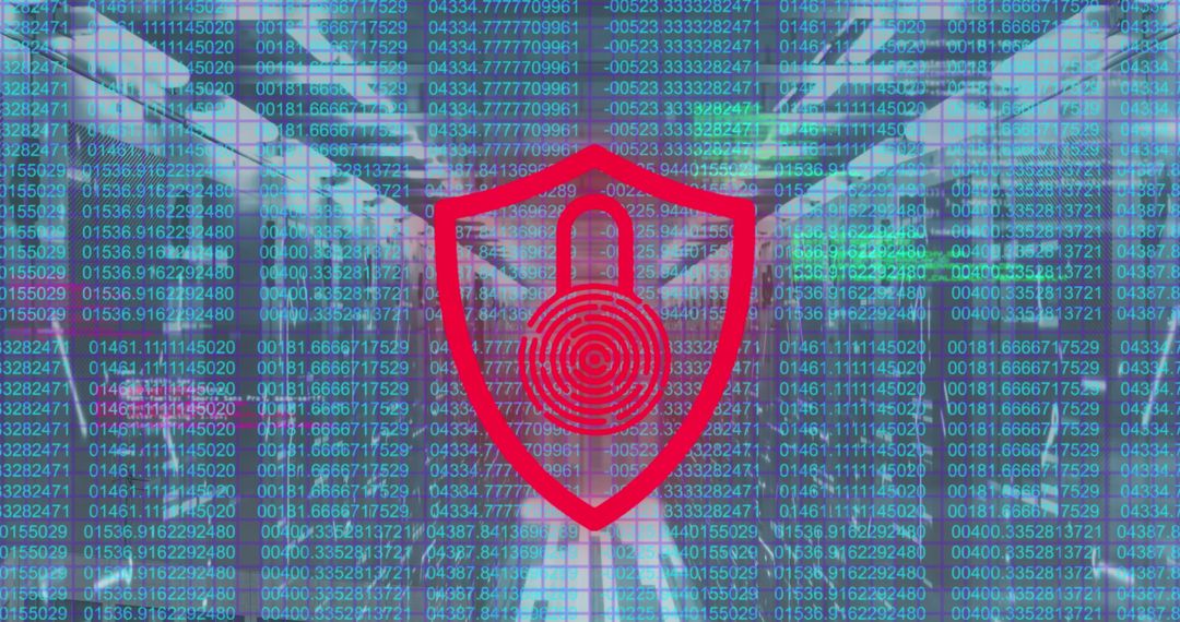 Biometric Security Icon Over Data Stream in Server Room