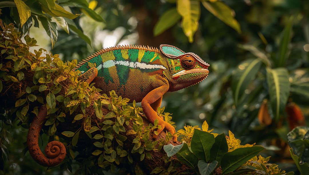 Colorful Panther Chameleon on Branch in Lush Jungle