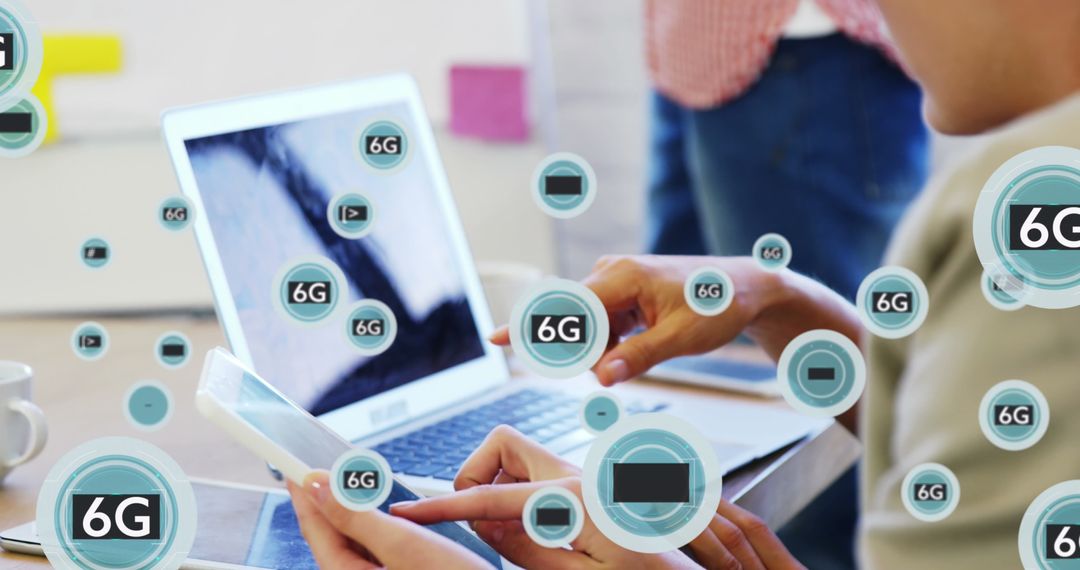 Coworkers Discussing Reports with 6G Technology Symbols Overlay