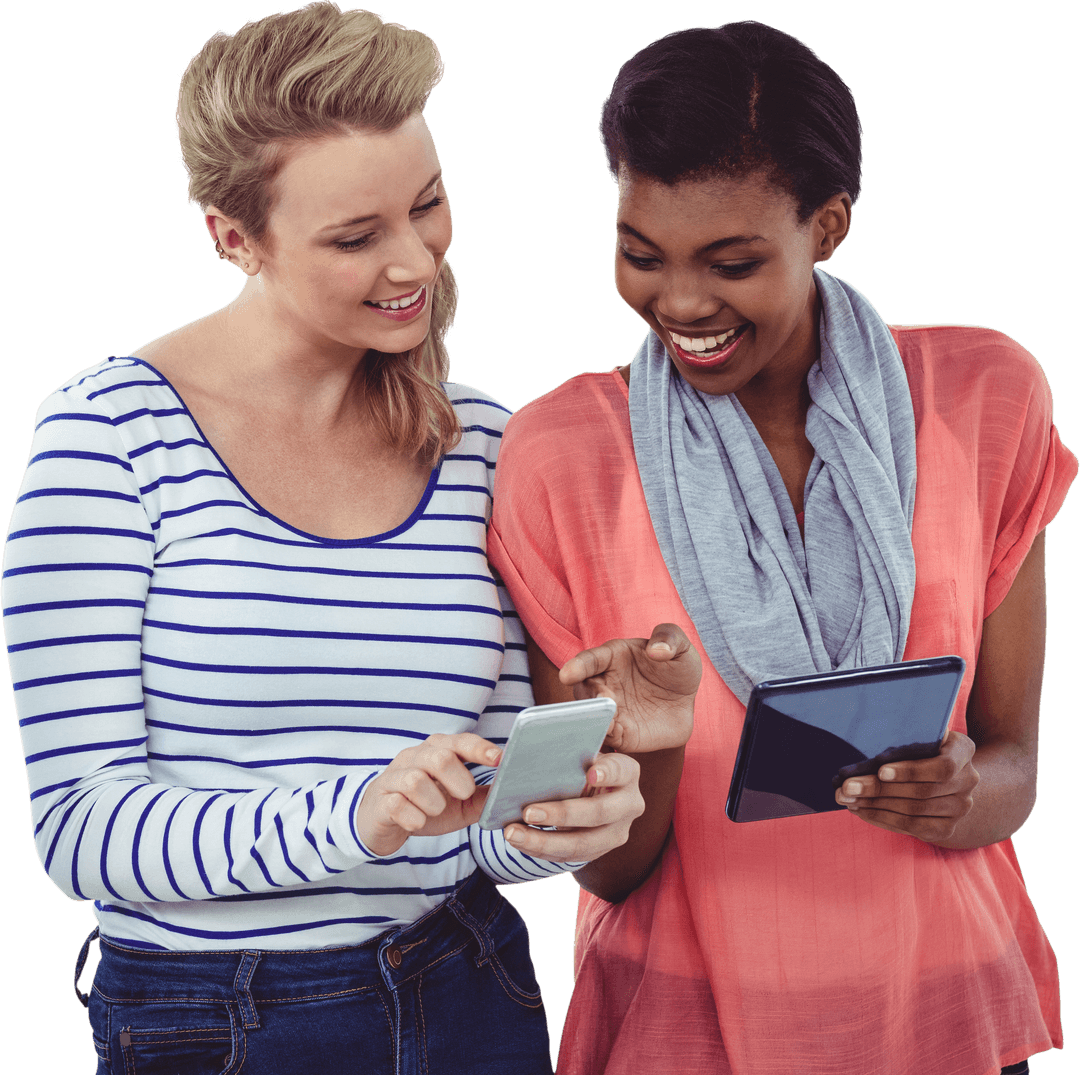 Two Smiling Women Engaging with Digital Devices on Transparent Background