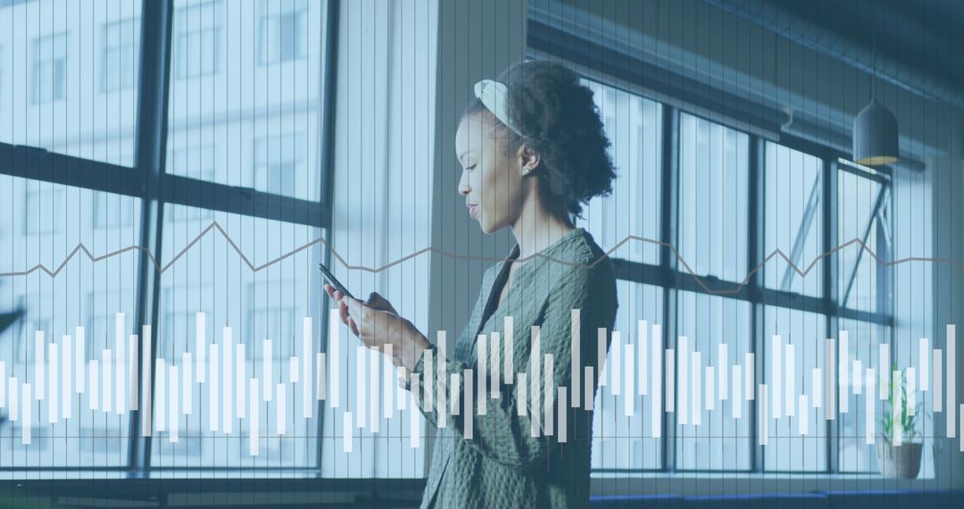 Businesswoman Engaged with Mobile Analytics in Office Setting