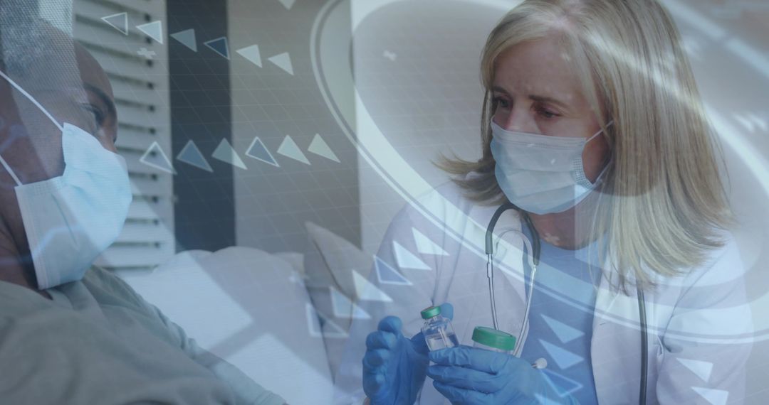 Female Clinician Preparing Vaccine Vials While Talking with Patient in Clinic