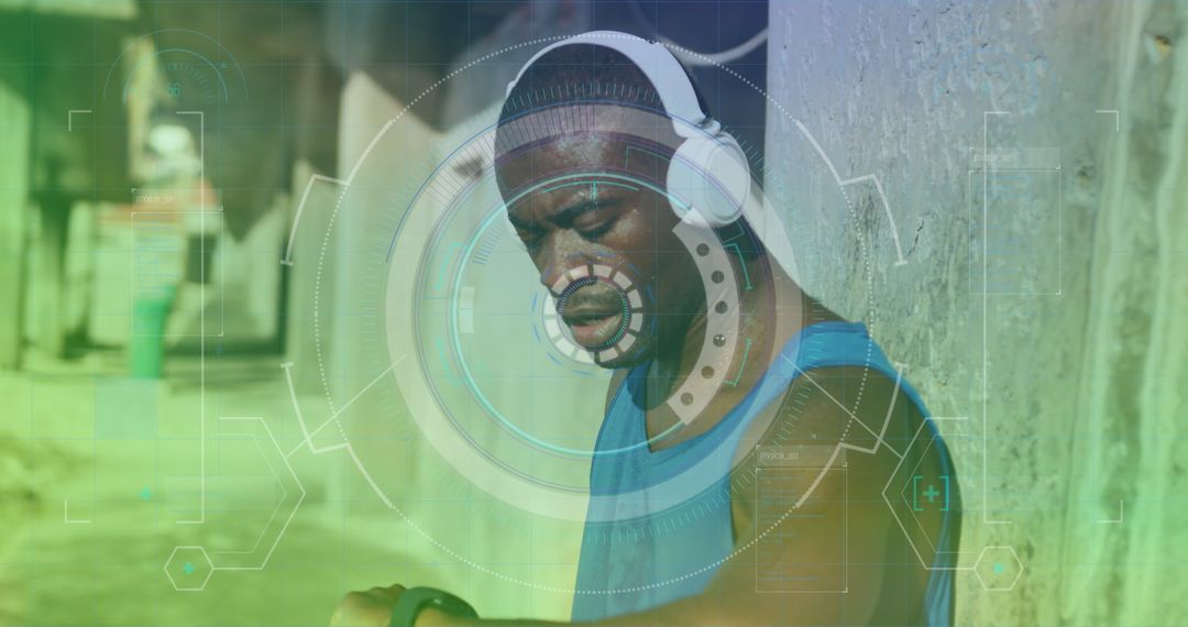 Athletic Man Using Smartwatch with Digital Interface Outdoors