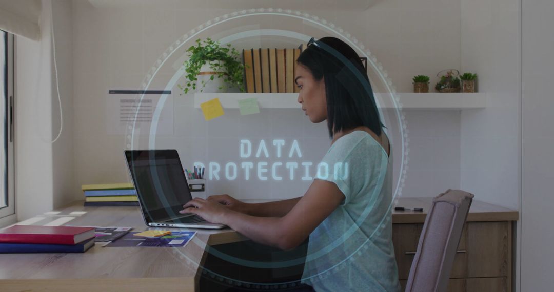 Woman Engaging in Secure Online Work with Data Protection Concept