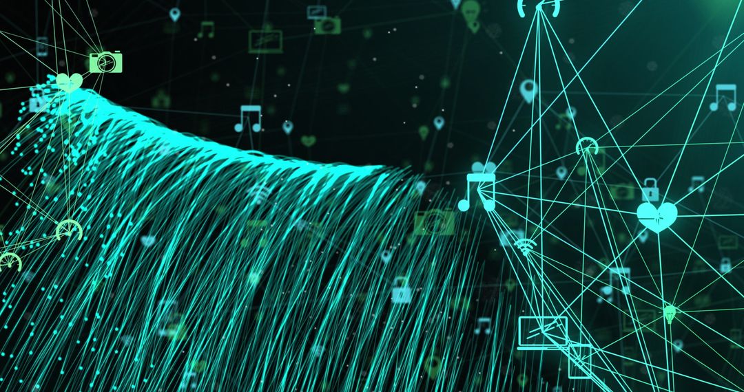 Digital Network Connections with Green Lights on Black Background