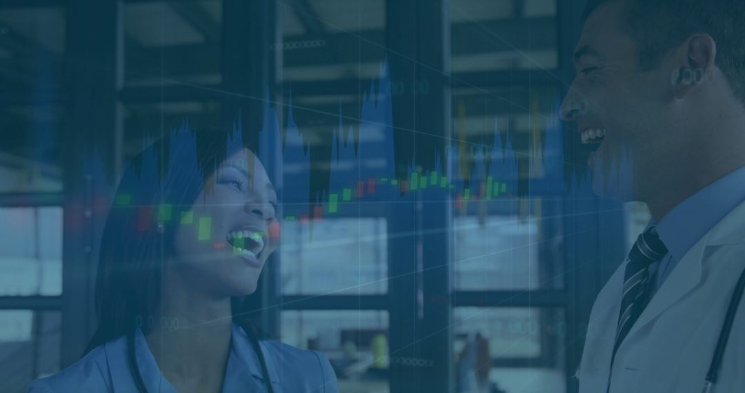 Business Professionals Laughing in Modern Office with Stock Data Overlay
