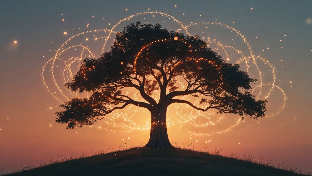 Glowing oak tree at dusk with enchanting light orbs, dreaming tree concept