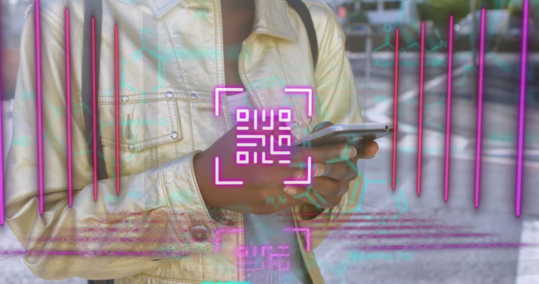 Woman Using Smartphone with QR Code Scanner Overlay
