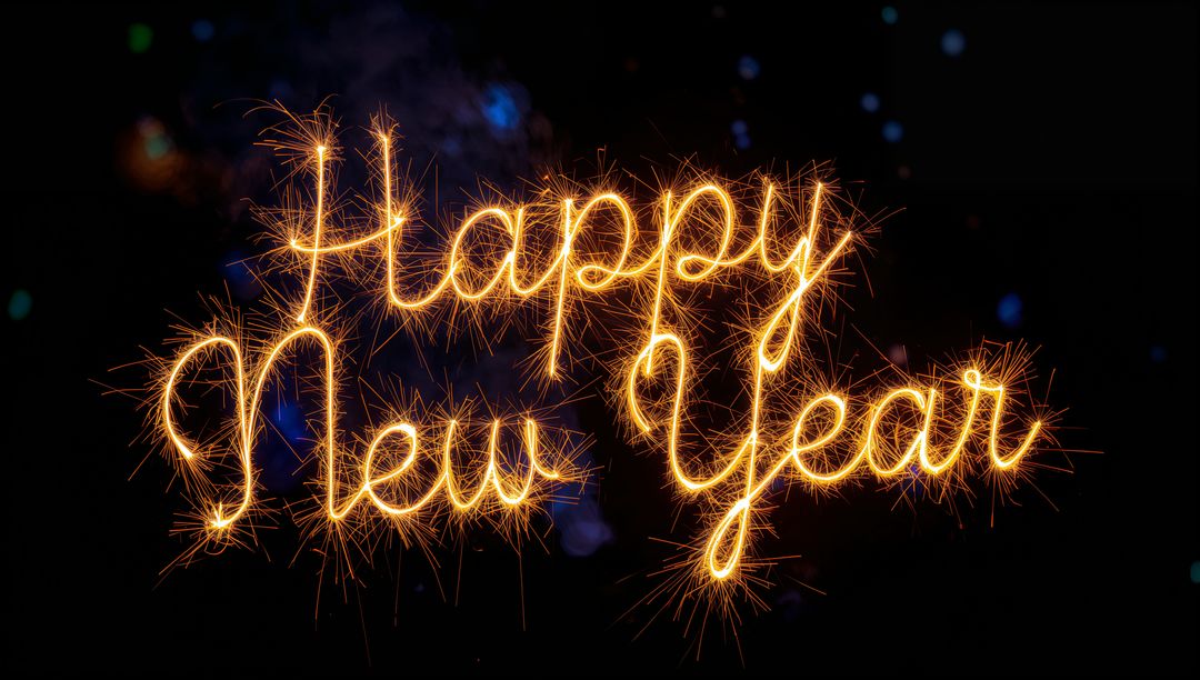 Writing Happy New Year with Sparkler Light Trails and Golden Ember Sparks