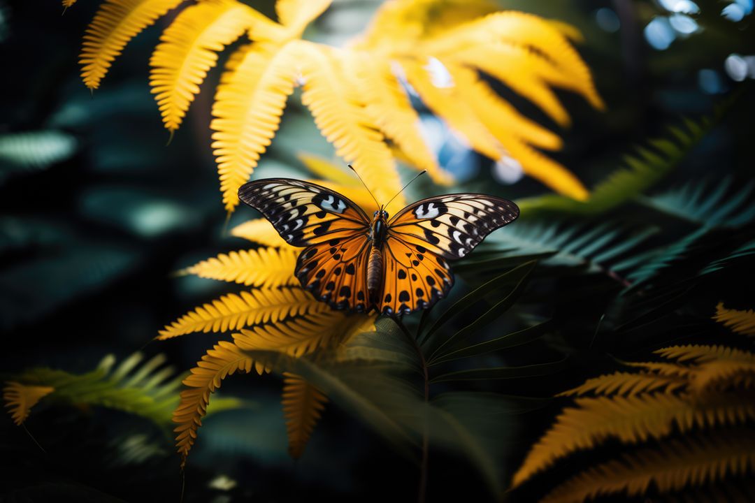 Vibrant Butterfly on Yellow Fern in Tropical Garden - Free Images, Stock Photos and Pictures on Pikwizard.com