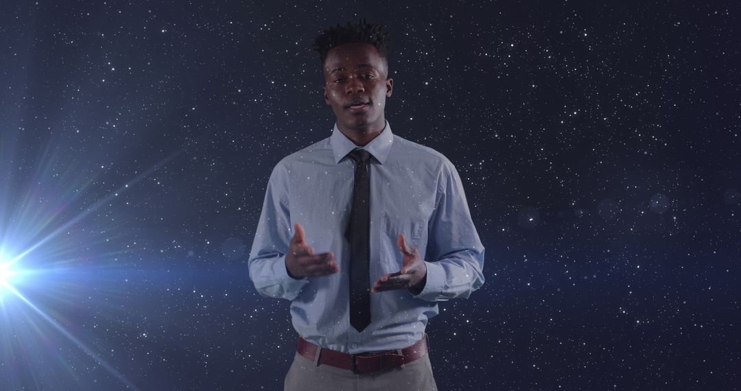 Visionary Businessman Presenting Innovative Ideas in Space