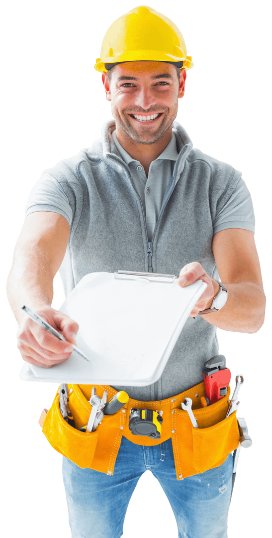 Smiling Handyman Offering Transparent Clipboard for Signature