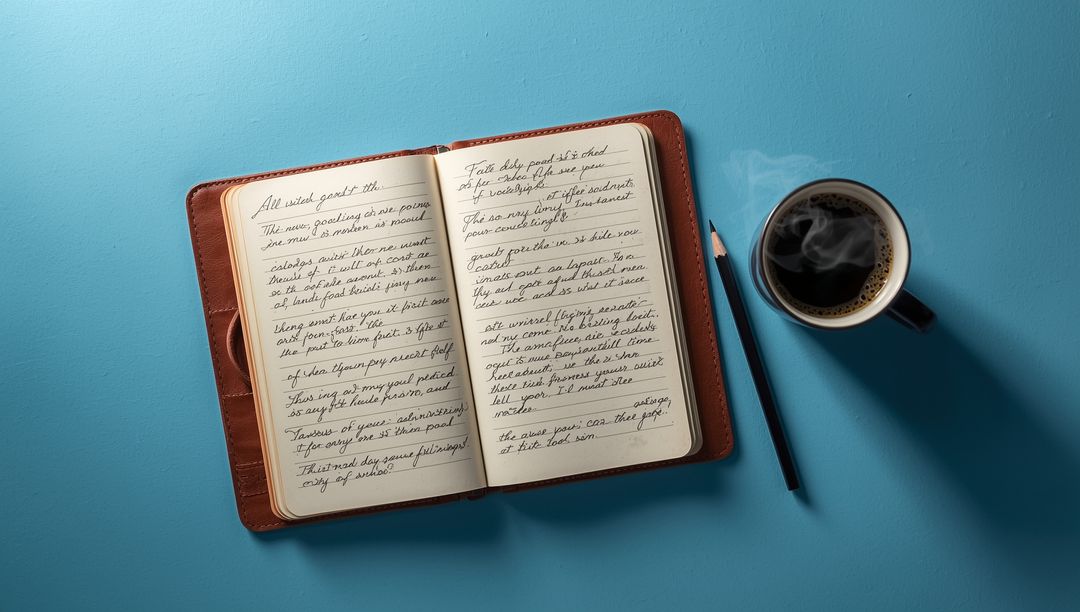 Open Leather Notebook with Cursive Writing and Coffee on Blue Surface