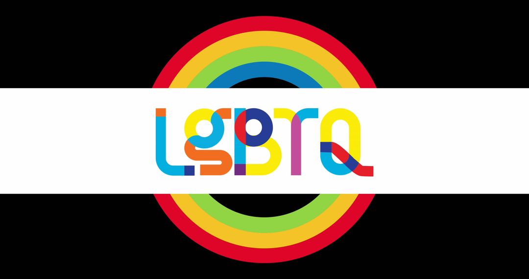 Colorful LGBTQ Text with Rainbow Circle on Black and White Background