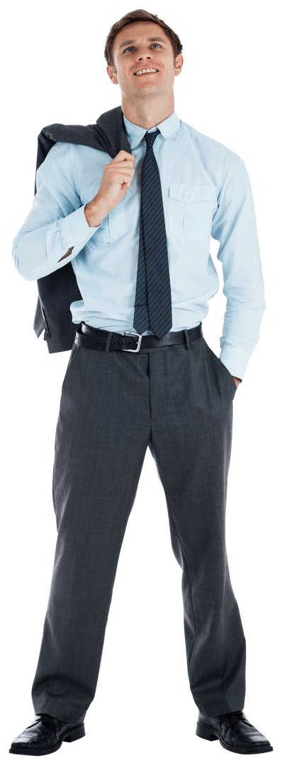 Businessman in Formal Attire Holding Jacket and Smiling on Transparent Background
