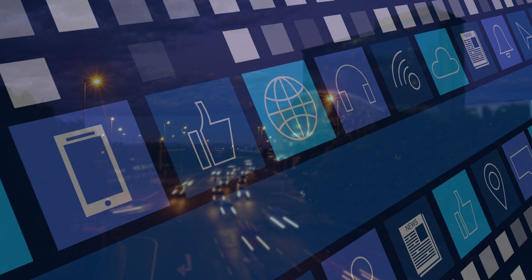 Digital Media Icons Overlaying Cityscape Background