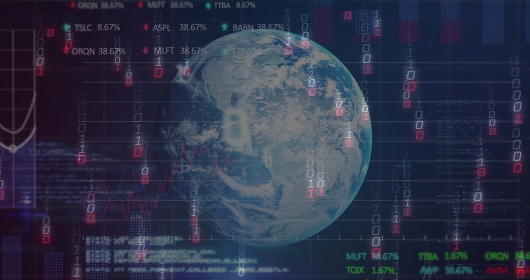 Global Digital Network with Earth, Binary Code and Stock Market Data