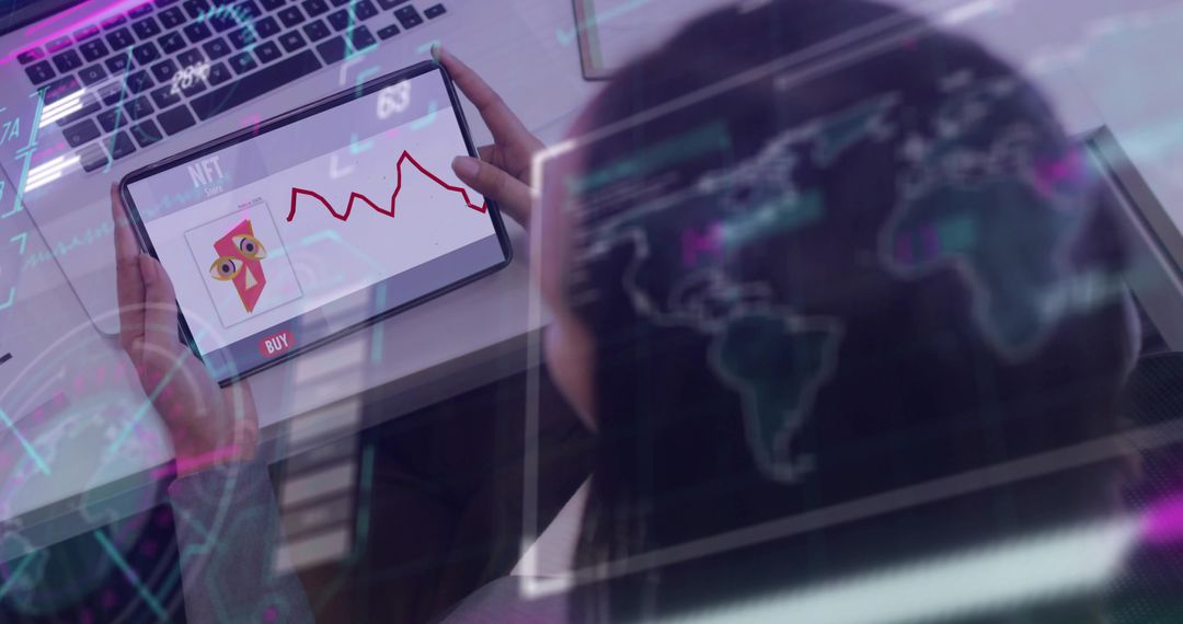 Woman holding tablet checking NFT marketplace with falling red chart and holographic map