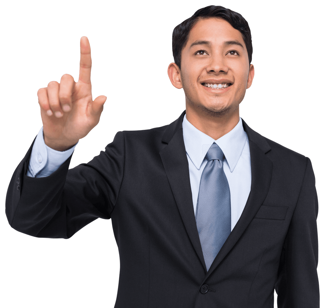 Smiling Businessman Touching Virtual Screen on Transparent Background
