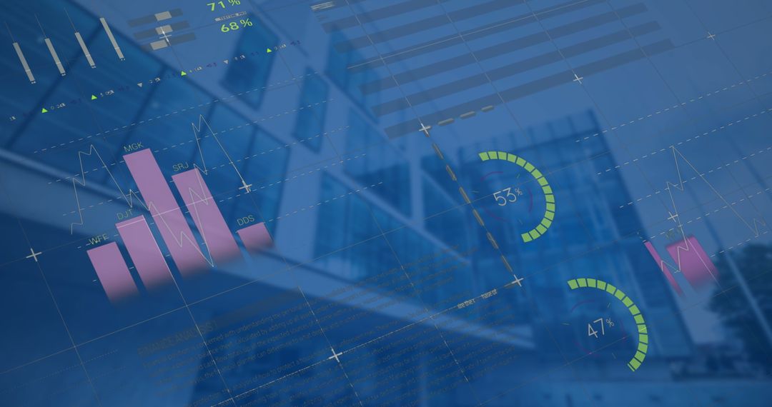 Statistics Overlay on Modern Architecture Highlighting Business Data