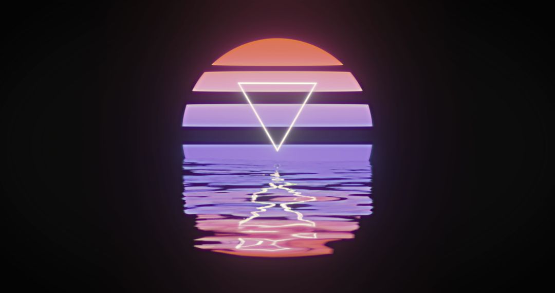 Abstract Digital Sunset with Neon Triangle Reflection