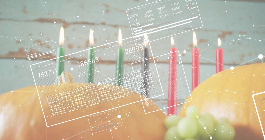 Rustic Pumpkin Still Life Featuring Lit Candles and Futuristic HUD Overlays