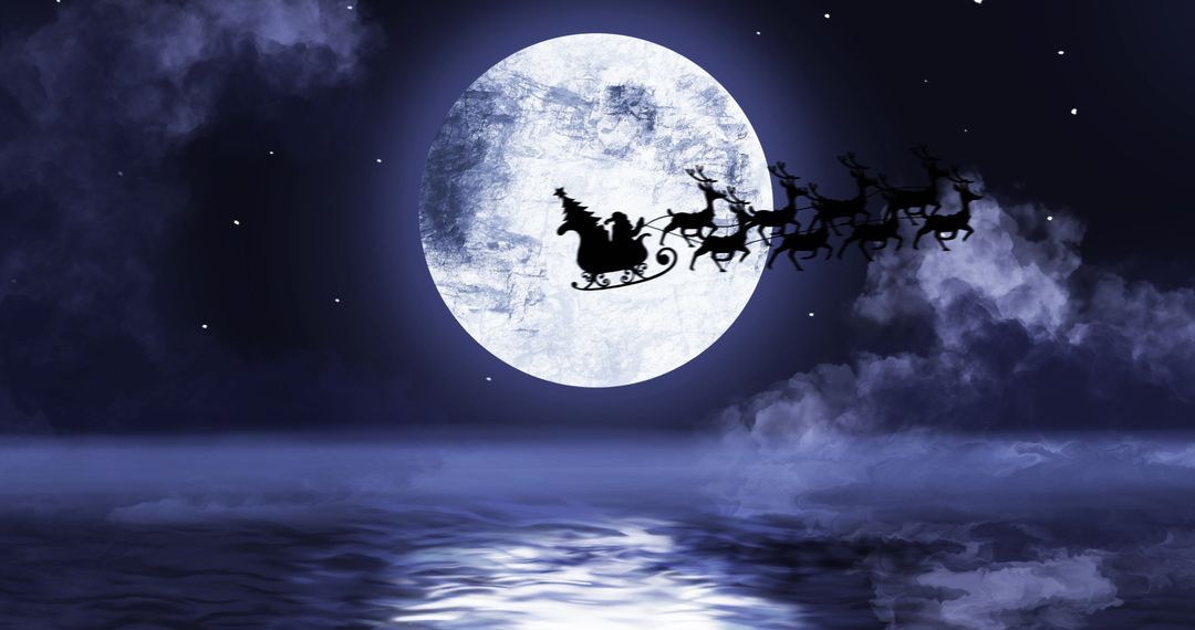 Silhouette of Santa's Sleigh Flying Over Moonlit Water - Free Images, Stock Photos and Pictures on Pikwizard.com