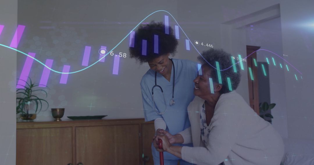 Nurse Assisting Elderly with Multicolored Data Overlay