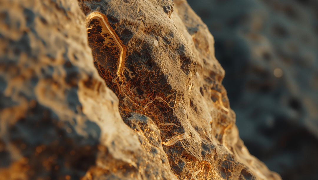 Close-up of Weathered Rock with Fibrous Veins in Golden Sunlight