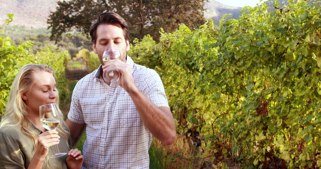 Couple Tasting White Wine in Vineyard During Sunset - Free Images, Stock Photos and Pictures on Pikwizard.com