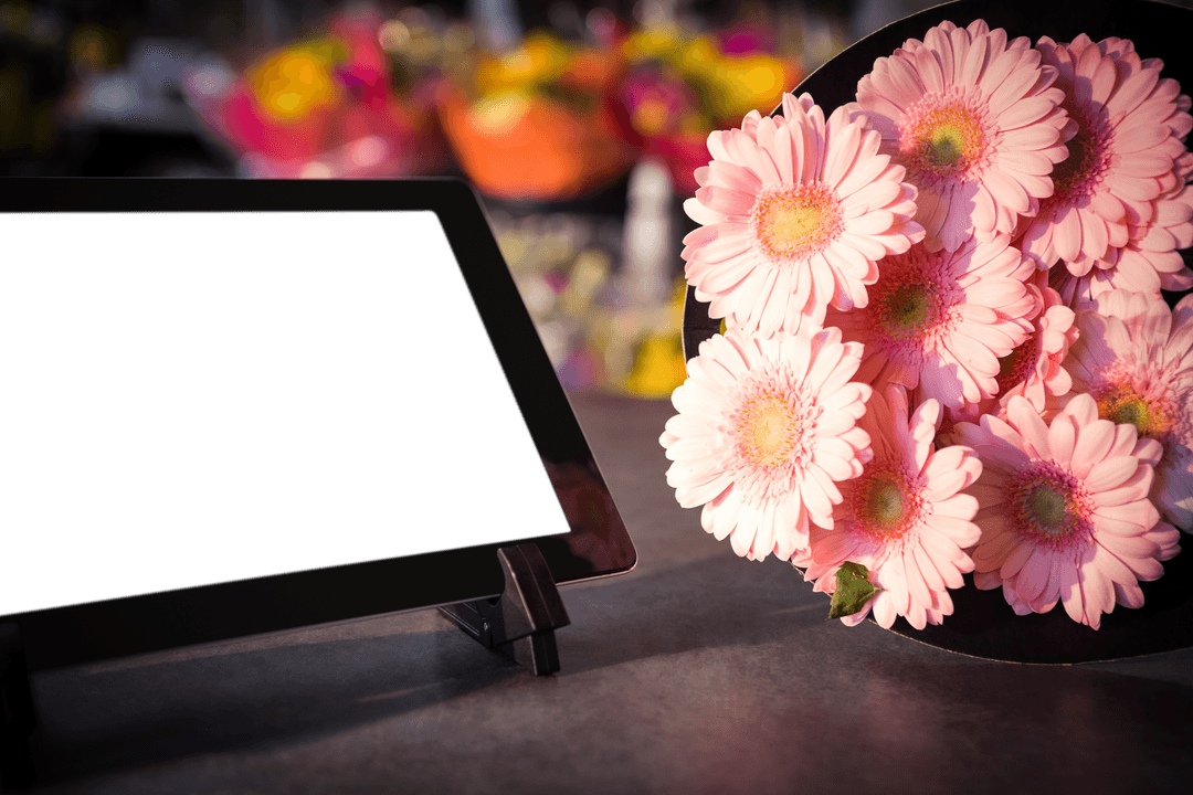 Digital Tablet and Pink Flowers with Transparent Background Display
