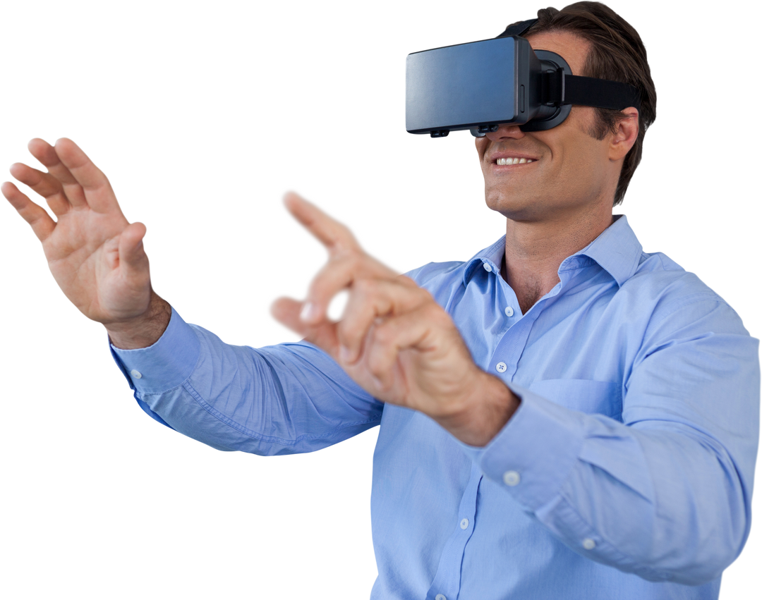 Smiling Man in Blue Shirt Using Virtual Reality Headset Gesture - Download Free Stock Images Pikwizard.com