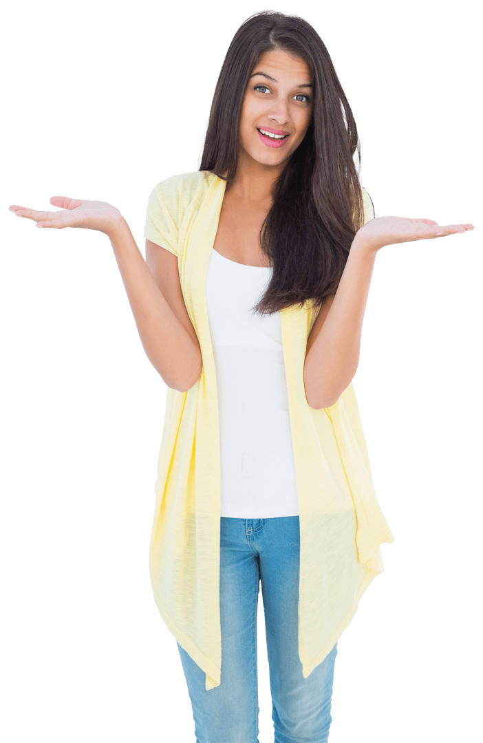 Happy Woman Gesturing Uncertainty on Transparent Background