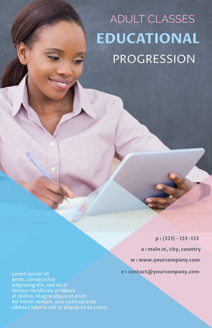 Adult Education Promotion with Focused Woman Learning Tablet