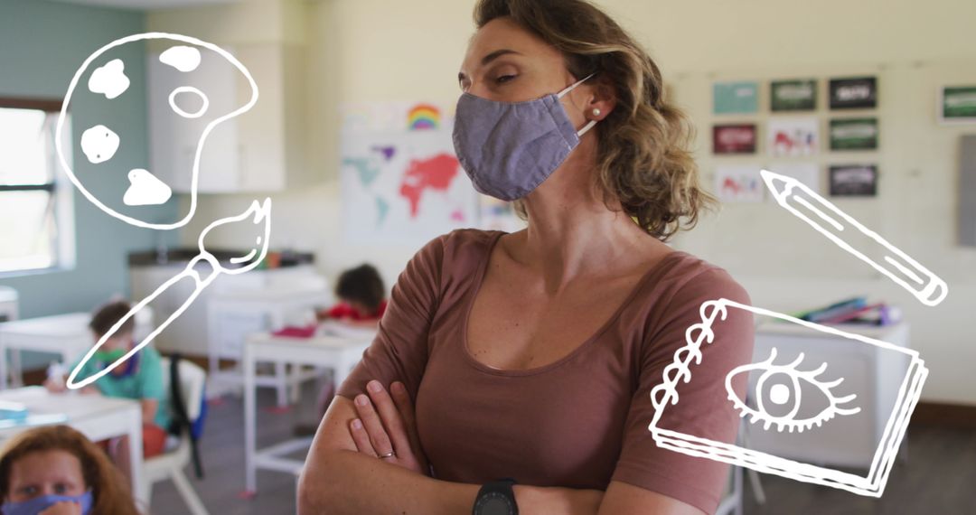 Creative Female Teacher in Classroom with Illustrations