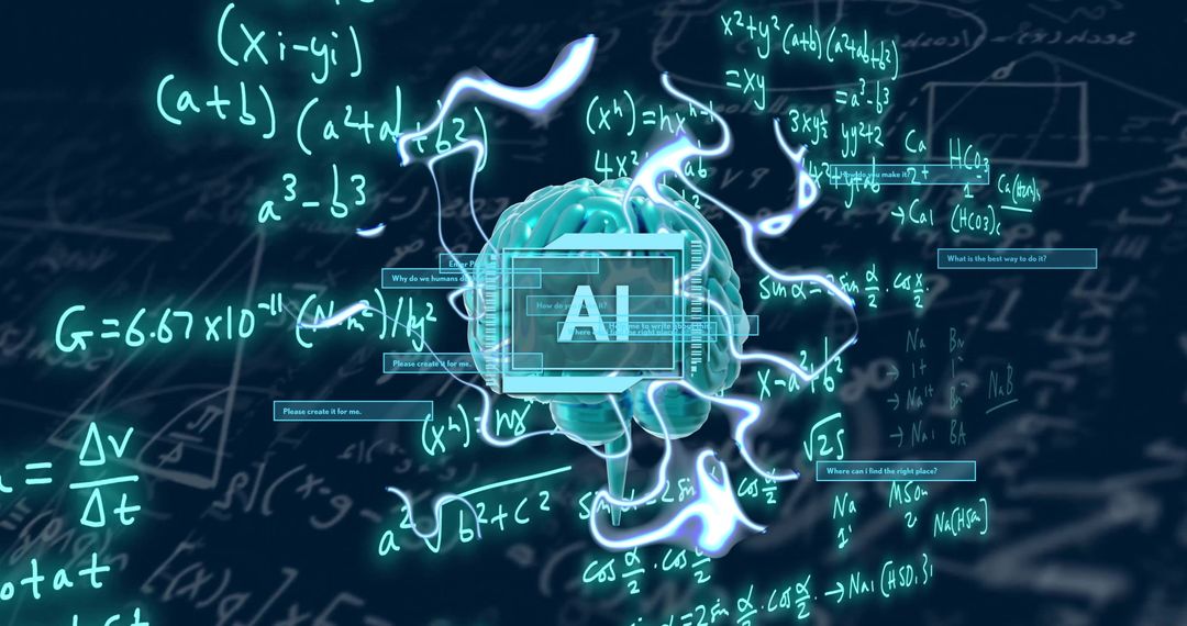 AI Technology and Mathematical Equations Illuminating Digital Brain