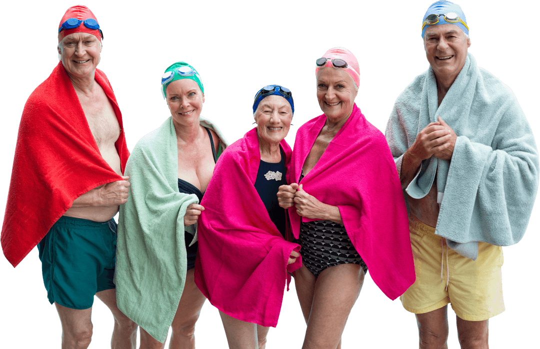 Cheerful Senior Friends with Goggles Wrapped in Bright Towels Transparent