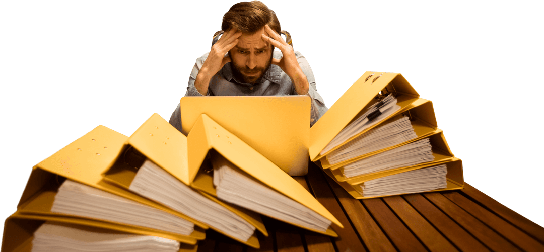 Frustrated Businessman Overwhelmed by Transparent Paperwork Folders
