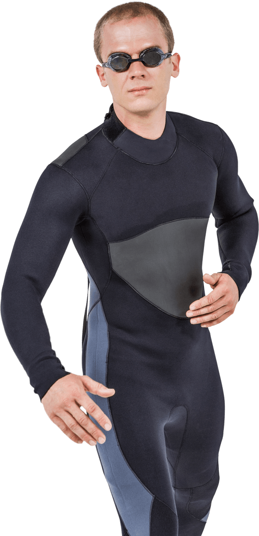 Confident Swimmer Posing in Black Full Body Wetsuit and Goggles