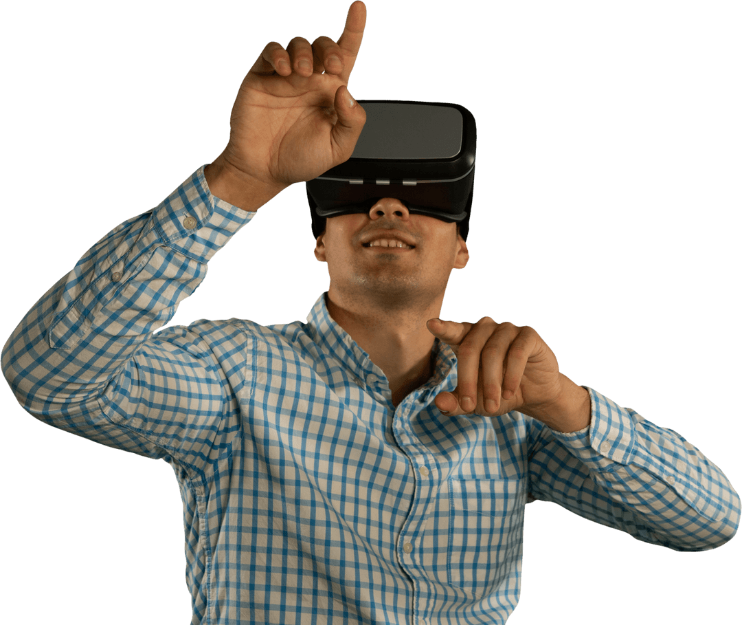 Man Experiencing Virtual Reality with Transparent Headset