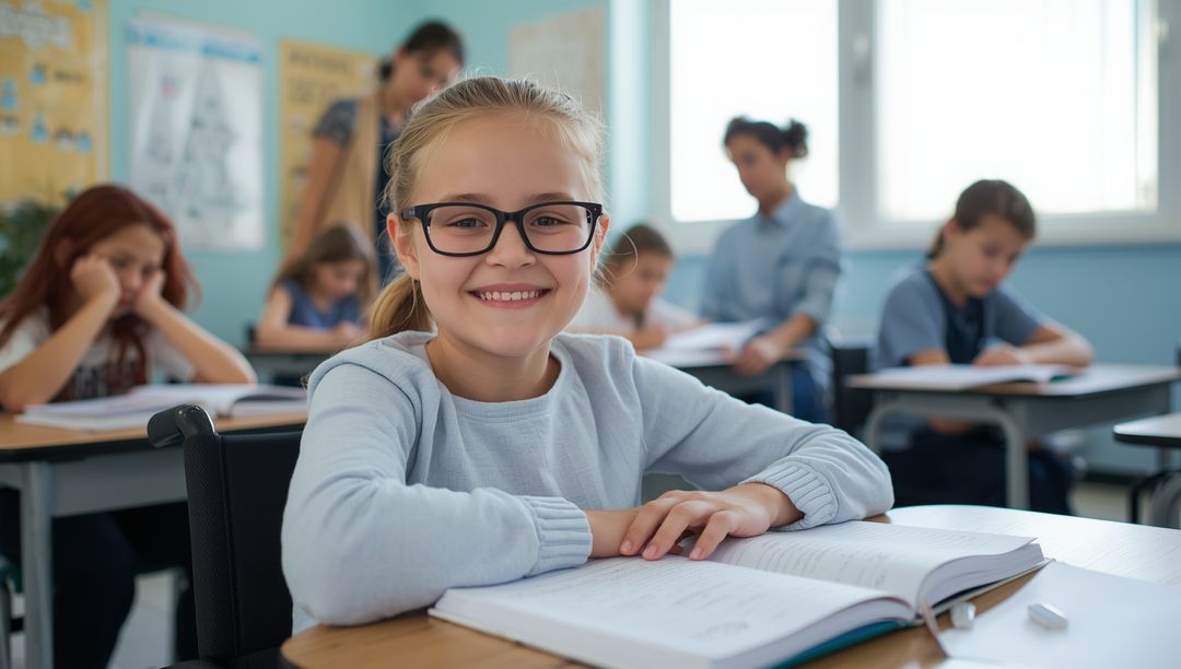 Smiling Young Student in Classroom with Open Textbook
