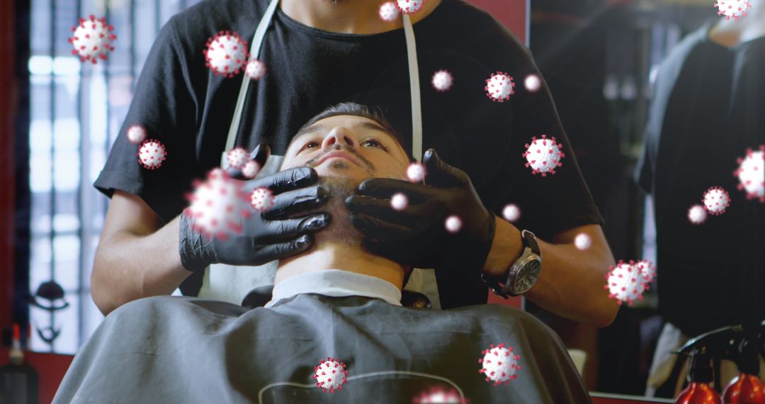 Barber Wearing Gloves Serving Client During Pandemic with Virus Overlay