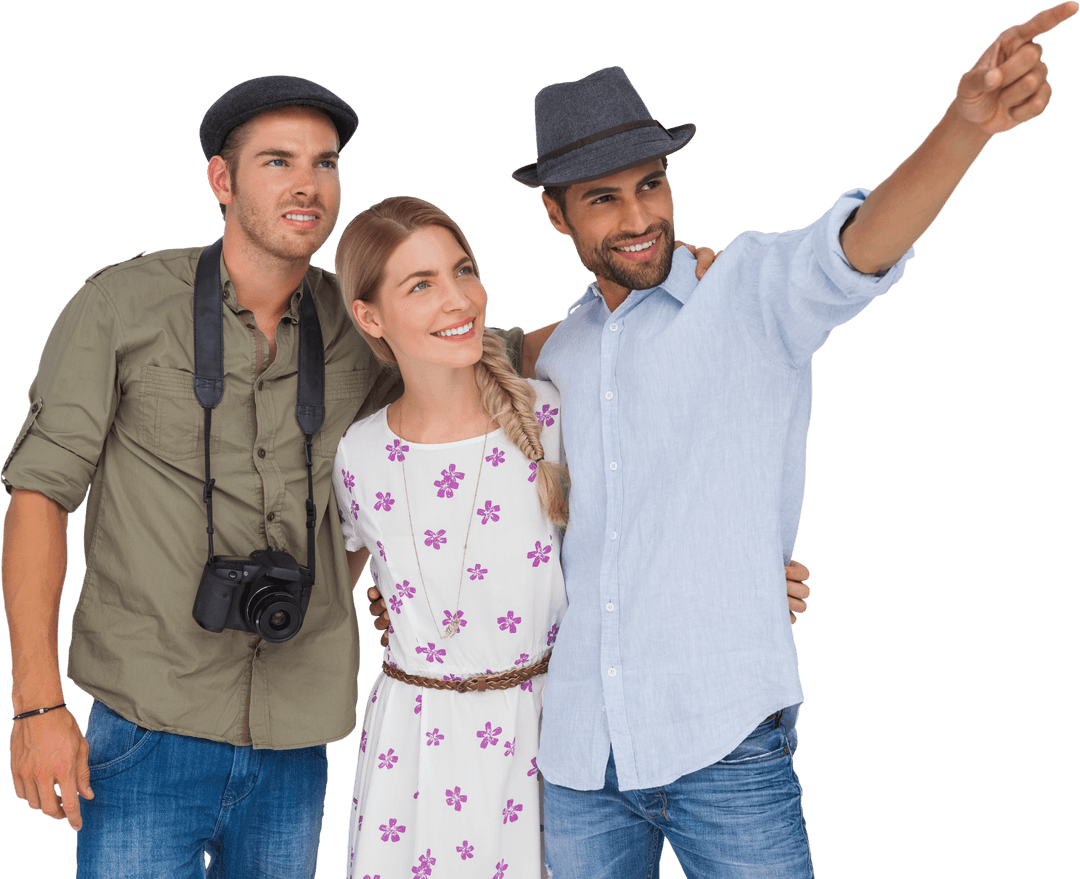 Group of Friends Enjoying Adventure with Pointing Guide