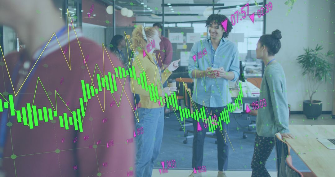 Business Team Discussing in Office with Digital Data Overlay