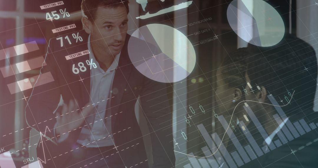 Businessman Discussing Strategies with Colleagues in Office with Digital Graphs Overlay
