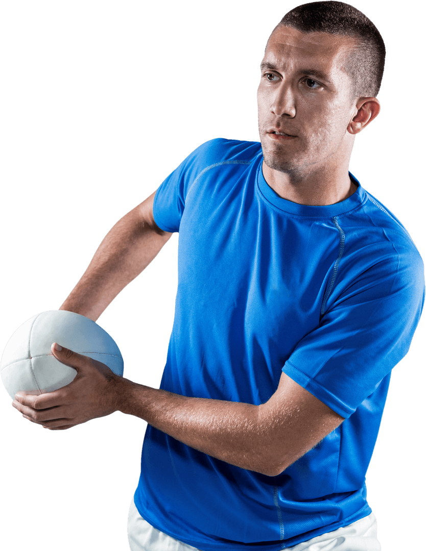 Transparent Rugby Player Holding Ball with Purposeful Gaze
