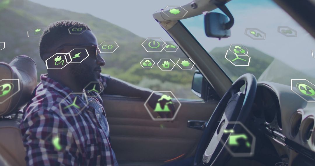 Man Driving Convertible Surrounded by Eco-Friendly Symbols
