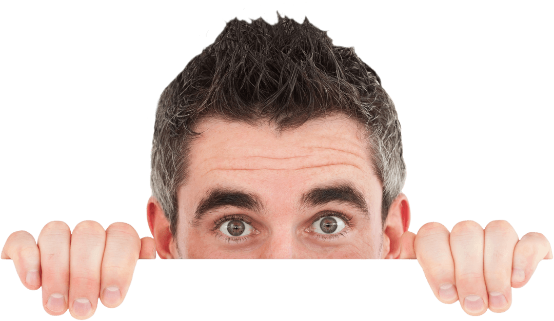Excited Man Peeking Over Blank Billboard with Transparent Background