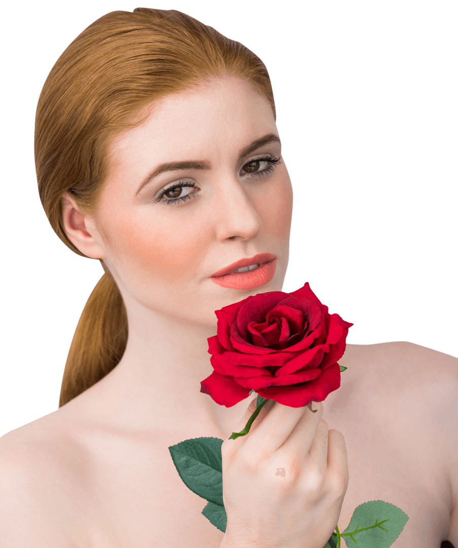 Transparent Portrait of Redhead with Red Rose on Isolated Background